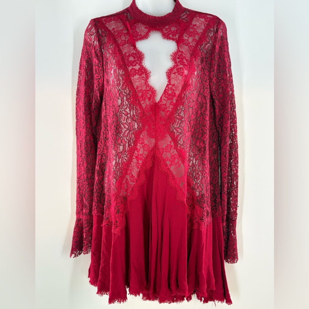 Garnet Red Free People Tell Tale Lace Tunic Mini Dress Size Medium